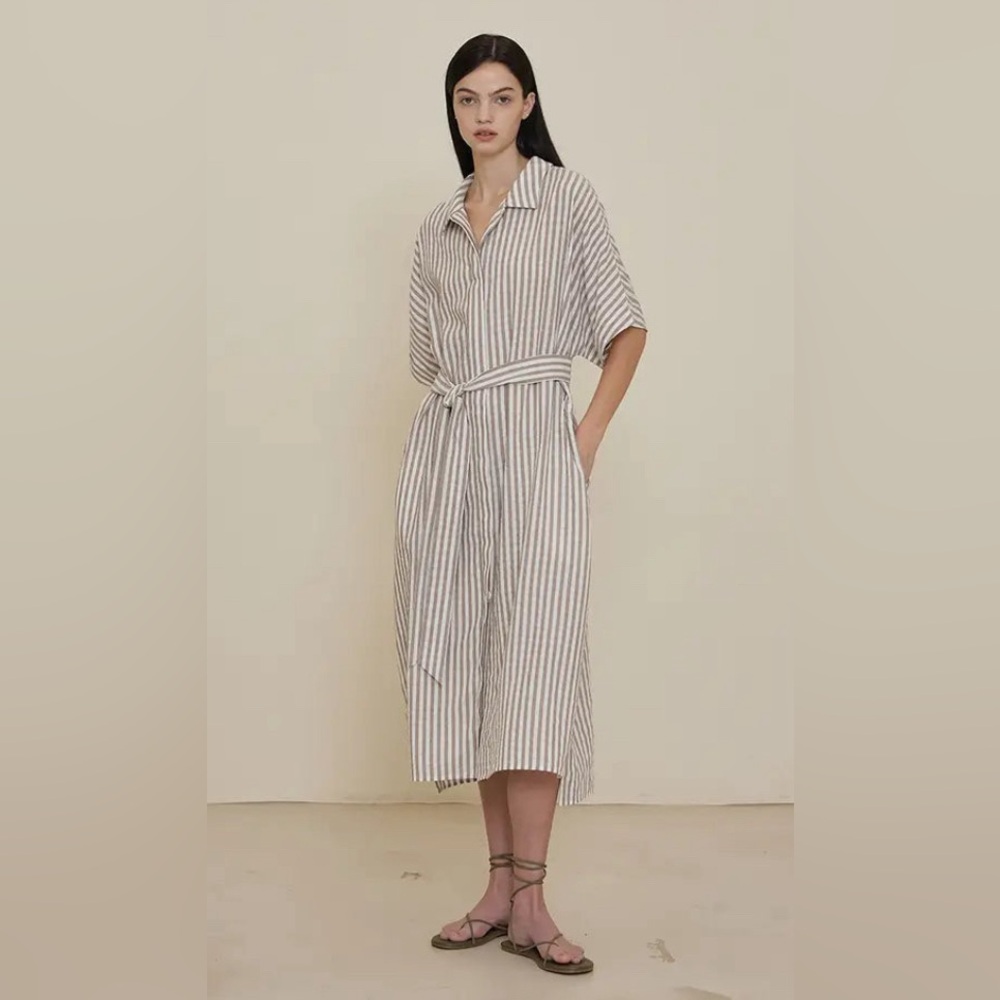 Grade and Gather brown stripe button down tie dress NWT